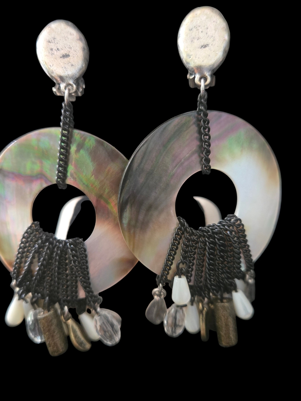 Chico's Iridescent Mother-of-Pearl Hoop Dangle Earrings with Black Chain Tassels